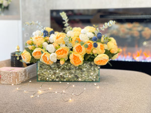 Modern Yellow White Rose Peony Arrangement, Artificial Faux Centerpiece Silk Flowers Floral Centerpiece French Decor in Glass Vase for Home