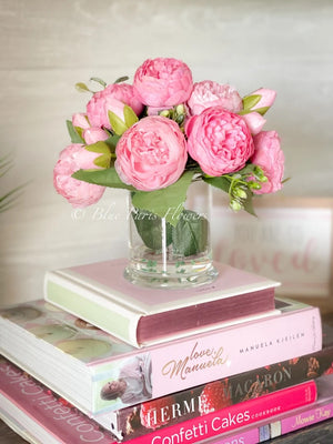 Pink Rose Peony Arrangement, Artificial Faux Table Centerpiece, Faux Florals, Silk Flowers Arrangement in Glass Vase by Blue Paris