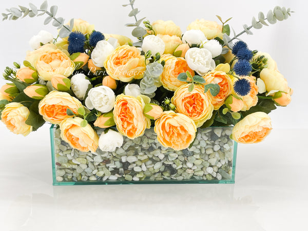 Modern Yellow White Rose Peony Arrangement, Artificial Faux Centerpiece Silk Flowers Floral Centerpiece French Decor in Glass Vase for Home