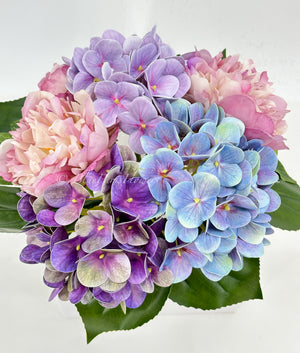 Lavender Purple Blue Peonies and Real Touch Hydrangeas Arrangement Artificial Faux Centerpiece, Soft Touch Floral Flowers in Vase Home Decor
