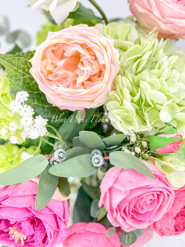 Faux Flower Arrangement, Peonies, Roses, Greens in Vase, Floral Decor Real Touch Centerpiece, Faux Artificial Flowers Silk Arrangement Pink I