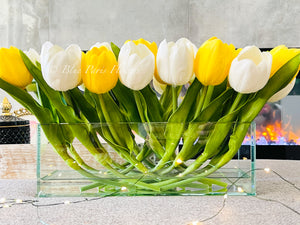 Modern Long Yellow White REAL TOUCH Tulip Arrangement Artificial Faux Centerpiece Floral Flower Arrangement Flowers Glass Vase French Decor