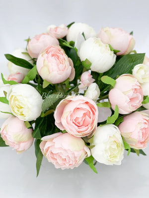 Modern Pink/White Peony Arrangement Artificial Faux Flower Centerpiece, French Country Floral Decor, Silk Flowers in Vase Home Decor by Blue