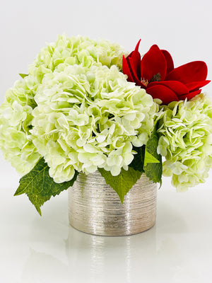 REAL TOUCH Green Hydrangeas, Red Magnolia Arrangement, Artificial Faux Centerpiece, Floral Flowers in Rose Gold Vase Home Decor Blue Paris