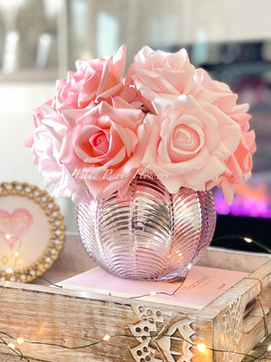 Real Touch Pink Rose Arrangement | French Floral Centerpiece Artificial Faux Forever Flowers in Rose-gold Vase for Home Decor by Blue Paris