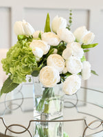 French Country Peony Arrangement in Vase, White Floral Arrangement, White Tulip Peony for Home Decor,Real Touch Green Hydrangea Centerpiece