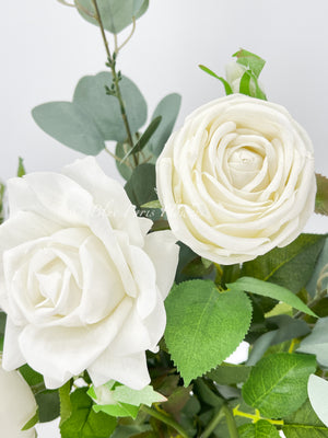 White Real Touch Rose Floral Arrangement, Artificial Flower Centerpiece, Wedding Decor, Faux Flower Decor In Glass Vase