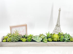31” Long Succulents in Wood Base, Faux Artificial Greens Succulents Plants Table Centerpiece Floral Decor Centerpiece Faux Florals