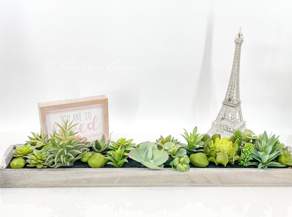 34” Long Succulents in Wood Base, Faux Artificial Greens Succulents Plants Table Centerpiece Floral Decor Centerpiece Faux Florals