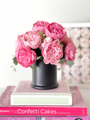 Pink Rose Peony Arrangement, Artificial Faux Table Centerpiece, Faux Florals, Silk Flowers Arrangement in Black Glass Vase by Blue Paris