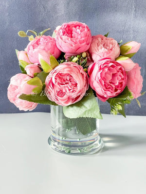 Pink Rose Peony Arrangement, Artificial Faux Table Centerpiece, Faux Florals, Silk Flowers Arrangement in Glass Vase by Blue Paris