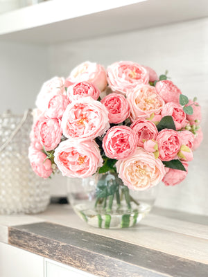 X-Large French Style Pink Peony Arrangement, Artificial Faux Floral Centerpiece, Silk, Real Touch Flowers in Vase for Home Decor Blue Paris
