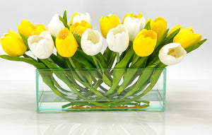 Modern Long Yellow White REAL TOUCH Tulip Arrangement Artificial Faux Centerpiece Floral Flower Arrangement Flowers Glass Vase French Decor