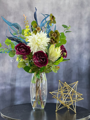 29” Mix Faux Flower Arrangement, Dahlia, Ranunculus, Protea, Green Floral Decor Silk/Real Touch Centerpiece Artificial Flowers, Gift Decor