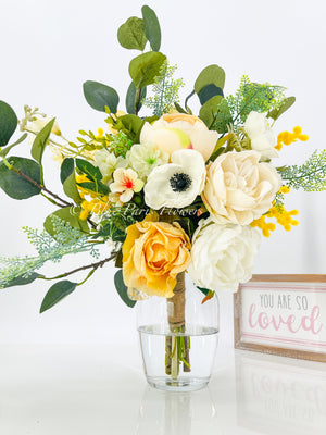 Faux Flower Arrangement, Peonies, Roses, Poppies in Vase, Floral Decor Silk Centerpiece, Faux Artificial Flowers Silk Arrangement Gold
