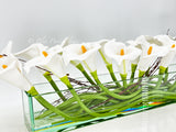 Modern Long White REAL TOUCH Calla Lily Arrangement Artificial Faux Centerpiece Floral Flower Table Decor Silk Flowers Glass Vase French