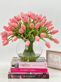 X-Large 60 Pink Tulips, French Modern Faux Floral Arrangement, Real Touch Artificial Faux Forever Flowers in Glass Vase, Fake, Wedding Decor