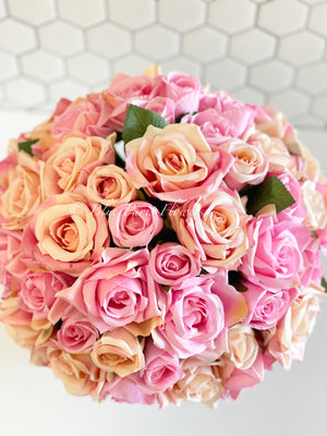 45 Pink & Peach Rose Arrangement Artificial Faux Silk Flowers in Glass Vase, Modern French Decor, Floral Centerpiece, Home Decor Gift