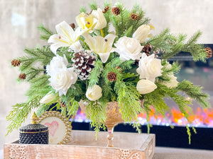 Winter French Elegant Real Touch Artificial Flower Arrangement-Christmas Faux Centerpiece-Flowers- White Roses Flower Centerpiece Gift-Decor