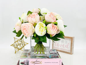 Modern Pink/White Peony Arrangement Artificial Faux Flower Centerpiece, French Country Floral Decor, Silk Flowers in Vase Home Decor by Blue