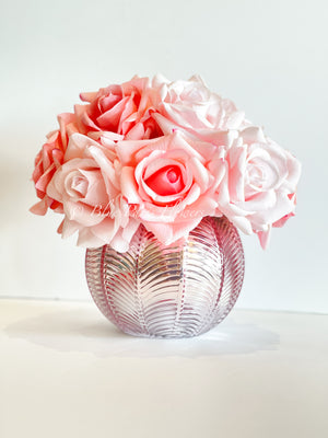 Real Touch Pink Rose Arrangement | French Floral Centerpiece Artificial Faux Forever Flowers in Rose-gold Vase for Home Decor by Blue Paris