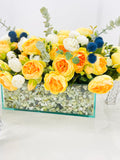 Modern Yellow White Rose Peony Arrangement, Artificial Faux Centerpiece Silk Flowers Floral Centerpiece French Decor in Glass Vase for Home