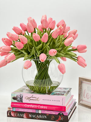 X-Large 60 Pink Tulips, French Modern Faux Floral Arrangement, Real Touch Artificial Faux Forever Flowers in Glass Vase, Fake, Wedding Decor