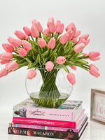 X-Large 60 Pink Tulips, French Modern Faux Floral Arrangement, Real Touch Artificial Faux Forever Flowers in Glass Vase, Fake, Wedding Decor