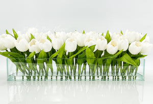 Modern Long White REAL TOUCH Tulip Arrangement Artificial Faux Centerpiece Floral Flower Arrangement Faux Flowers Glass Vase French Decor