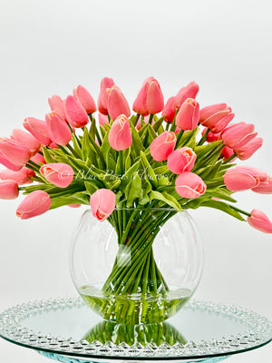 X-Large 60 Pink Tulips, French Modern Faux Floral Arrangement, Real Touch Artificial Faux Forever Flowers in Glass Vase, Fake, Wedding Decor