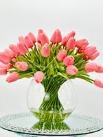 X-Large 60 Pink Tulips, French Modern Faux Floral Arrangement, Real Touch Artificial Faux Forever Flowers in Glass Vase, Fake, Wedding Decor