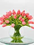X-Large 60 Pink Tulips, French Modern Faux Floral Arrangement, Real Touch Artificial Faux Forever Flowers in Glass Vase, Fake, Wedding Decor