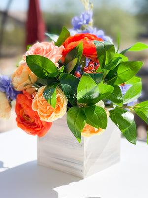 Fall or Thanksgiving Arrangement, Ranunculus, Peonies, Delphinium in Wood Vase, Floral Decor Centerpiece, Faux Artificial Flowers Silk Decor