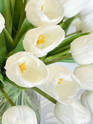 Large 40 White Tulips Modern Faux French Floral Arrangement | Real Touch Artificial Faux Forever Flowers in Glass Vase, Faux Flowers, Vase
