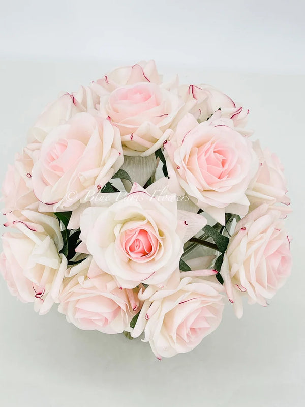 Real Touch Light Pink Roses Arrangement in Vase, French Country Artificial Flowers, Faux Floral Home Decor, Realistic Floral Arrangement