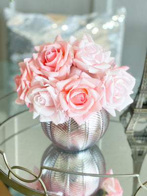 Real Touch Pink Rose Arrangement | French Floral Centerpiece Artificial Faux Forever Flowers in Rose-gold Vase for Home Decor by Blue Paris