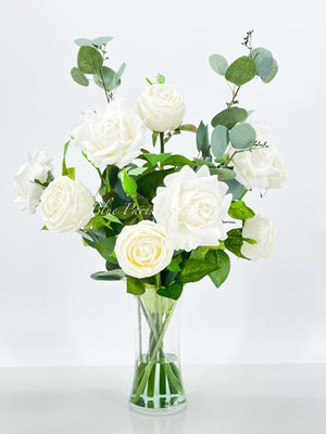 White Real Touch Rose Floral Arrangement, Artificial Flower Centerpiece, Wedding Decor, Faux Flower Decor In Glass Vase