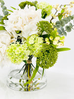 Floral Arrangement, Green White Hydrangeas Silk Artificial Flower Centerpiece, Faux Silk Arrangement Glass Vase, Flower Decor Blue Paris