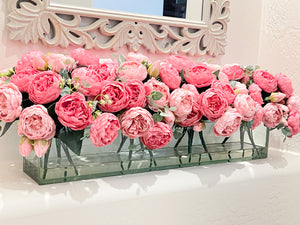 Modern Long Pink Rose Peony Arrangement Artificial Faux Centerpiece Floral Flower Arrangement Silk Flowers Glass Vase French Decor