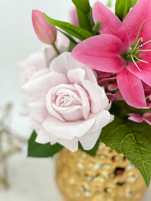 REAL TOUCH Floral Arrangement, Hydrangeas, Roses, Lilies, Tulips, French Country, Artificial Faux Forever Flowers, Flower Centerpiece, Decor