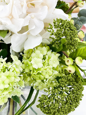 Floral Arrangement, Green White Hydrangeas Silk Artificial Flower Centerpiece, Faux Silk Arrangement Glass Vase, Flower Decor Blue Paris