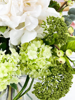 Floral Arrangement, Green White Hydrangeas Silk Artificial Flower Centerpiece, Faux Silk Arrangement Glass Vase, Flower Decor Blue Paris