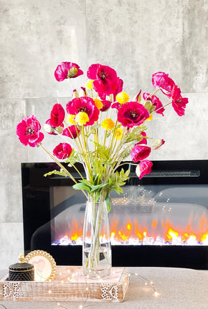Modern Decor, Tall Fuchsia Poppy Artificial Faux Arrangement in Vase. Elegant Floral Faux Floral Centerpiece, Home, Office Decor Arrangement