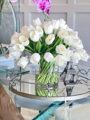 Large 40 White Tulips Modern Faux French Floral Arrangement | Real Touch Artificial Faux Forever Flowers in Glass Vase, Faux Flowers, Vase
