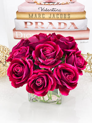 Fuchsia Velvet Roses Arrangement, Artificial Faux Centerpiece, Natural Touch Flowers in Glass Vase Home Decor, Floral Arrangement Blue Paris