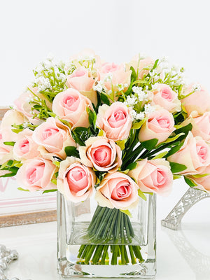 Light Pink 40 Roses Arrangement, Floral Flowers | Silk Artificial Faux Forever Flowers in Glass for Home Decor by Blue Paris Flowers