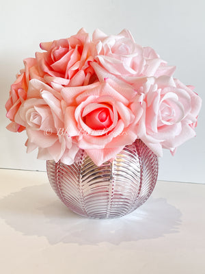 Real Touch Pink Rose Arrangement | French Floral Centerpiece Artificial Faux Forever Flowers in Rose-gold Vase for Home Decor by Blue Paris