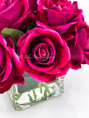 Fuchsia Velvet Roses Arrangement, Artificial Faux Centerpiece, Natural Touch Flowers in Glass Vase Home Decor, Floral Arrangement Blue Paris