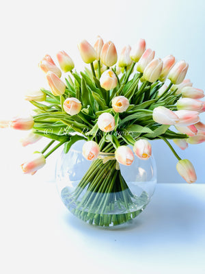 X-Large 60 Peach Tulips | Modern Faux Floral Arrangement | Real Touch Artificial Faux Forever Flowers in Glass Vase, Faux Flowers in Vase
