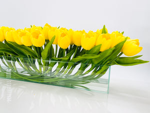 Modern Long Yellow REAL TOUCH Tulip Arrangement Artificial Faux Centerpiece Floral Flower Arrangement Silk Flowers Glass Vase French Decor